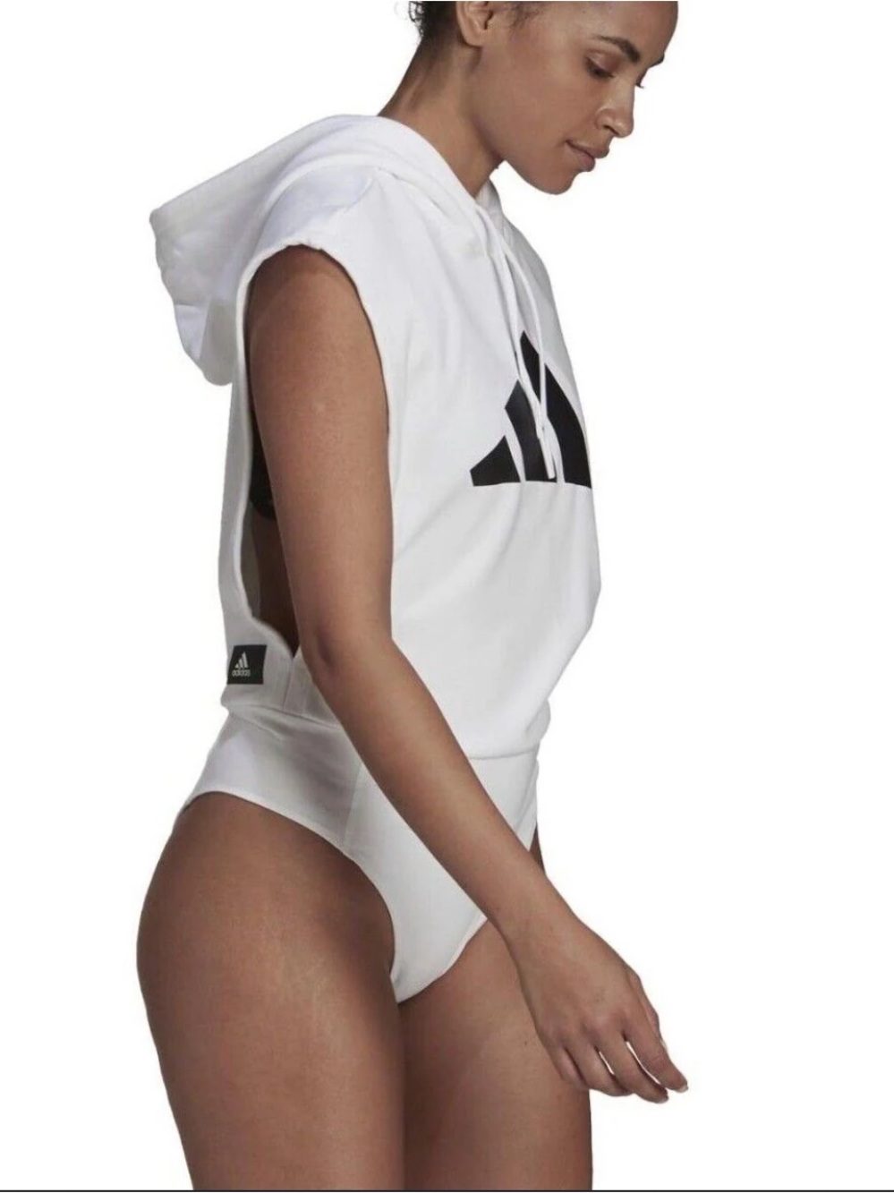 adidas White Sleeveless Hoodie Leotard with Black Logo